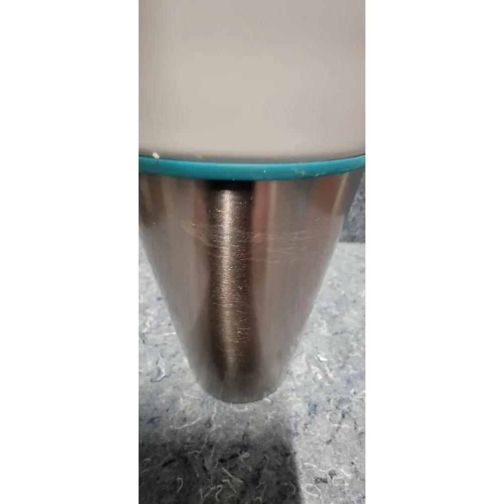 Starbucks 2014 Stainless Steel Ceramic w/Rubber Bottom Teal Ring 12oz Travel Mug